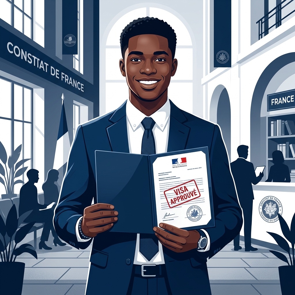 Étudiant confiant tenant son dossier de visa approuvé